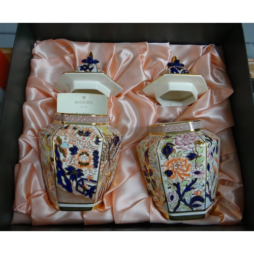 330 - Pair of boxed Mason's Ironstone 'Orange Siam' limited edition covered hexagonal vases in original bo... 