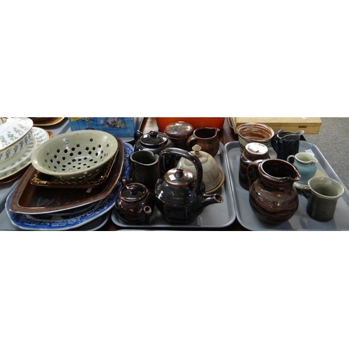 342 - Three trays of Art pottery to include: various jugs, lidded canister, mug, teapots, cheese bell, Mar... 