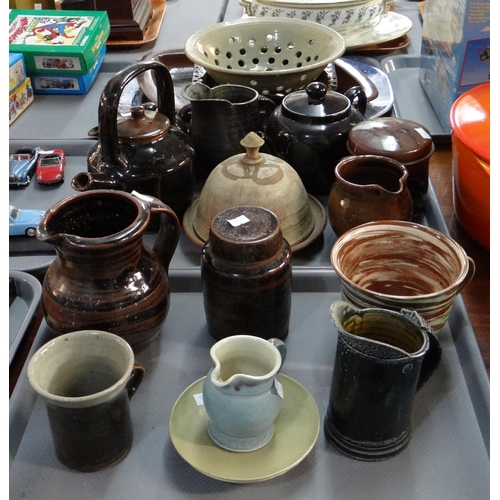 342 - Three trays of Art pottery to include: various jugs, lidded canister, mug, teapots, cheese bell, Mar... 