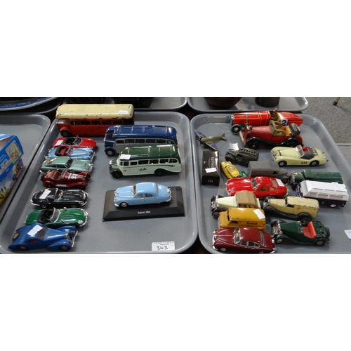 343 - Two trays of playworn and other diecast and tin plate model vehicles to include: Minic Toys 1950s de... 