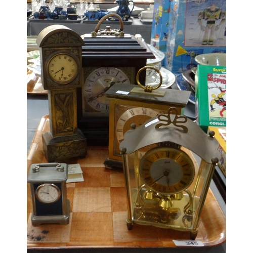 345 - Tray of clocks to include; wooden cased Kensington quartz mantel clock, Staiger and Schatz mantel cl... 