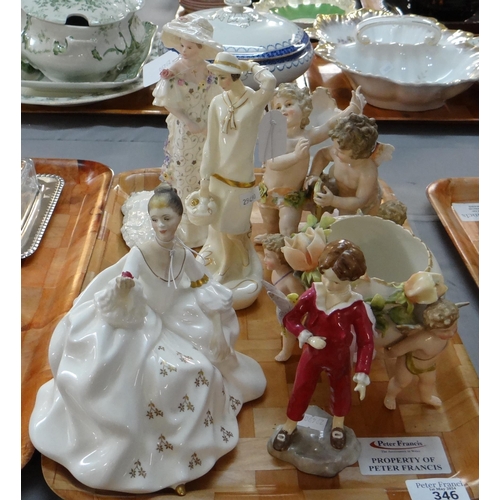 346 - Tray of china to include: various figurines; Royal Worcester 'The Parakeet' 3087, Royal Doulton 'Ell... 