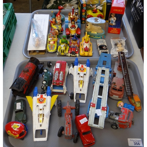 356 - Two trays of mainly playworn diecast model vehicles to include: Corgi Toys Popeye Paddle Wagon, Magi... 