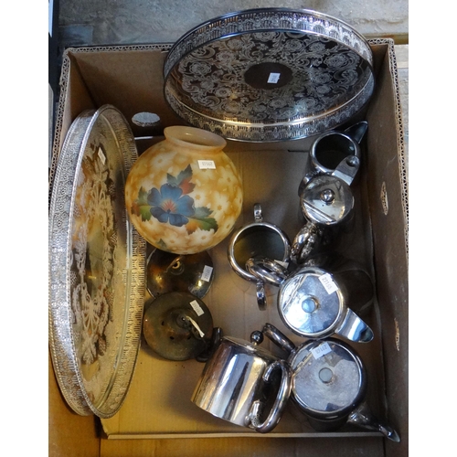 374 - Box of mostly silver plate to include: Viners of Sheffield trays, teapots, kettles, coffee pot, milk... 