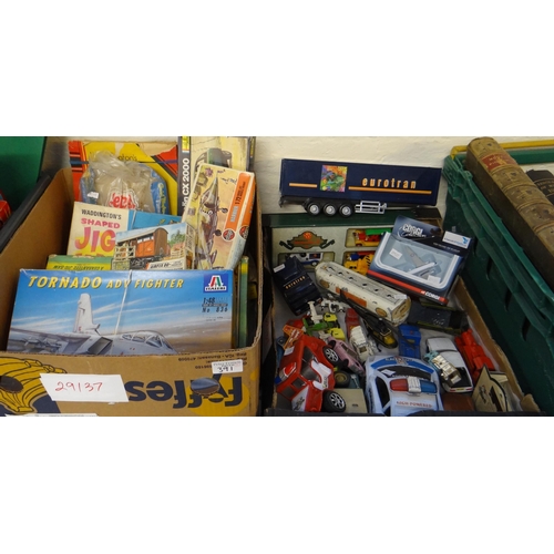 391 - Two boxes of toys to include: Waddington's Jig Map, Airfix and similar model kits, diecast model veh... 