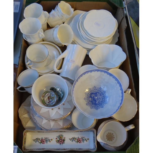 404 - Crate of china to include: warranted 22kt gold bone china teaware, Royal Stafford coffeeware, Coalpo... 