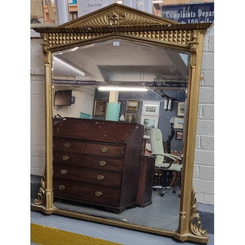 406 - Large 19th century gilt framed over painted over-mantel mirror, of architectural design with bevelle... 