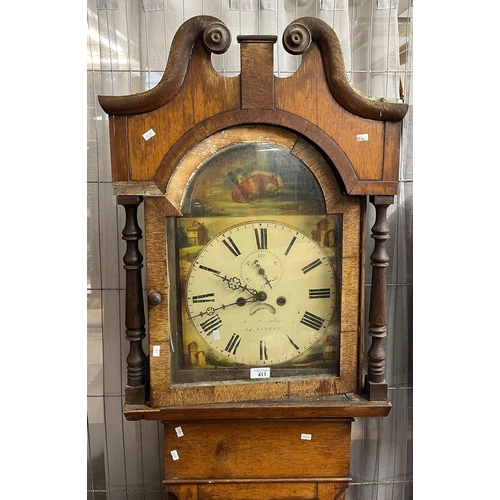 411 - 19th century Welsh oak eight day long case clock marked Fort Wengler, Llanelly.  Distressed conditio... 