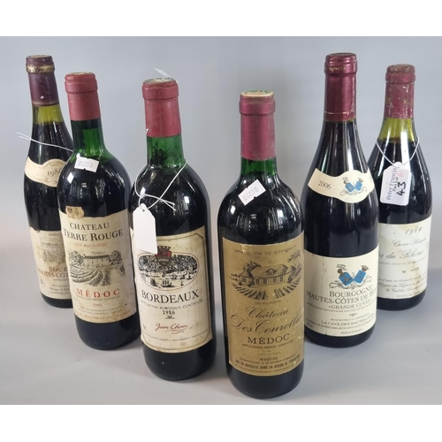 43 - Six bottles of red wine to include: Chateaux Terre Rouge 1985, Bordeaux Appellation 1986, Chateaux D... 