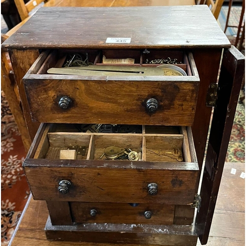 445 - 19th century miniature table top mahogany Wellington type chest of five drawers, the interior reveal... 