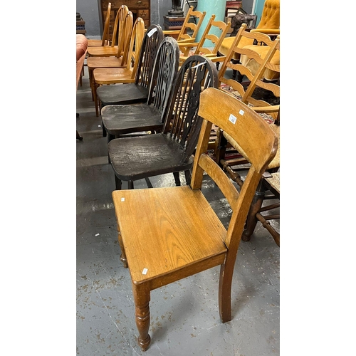 456 - Group of eight assorted kitchen chairs to include three stained wheel back chairs, set of four ash e... 