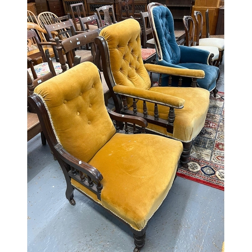 460 - Victorian walnut upholstered button back fireside chair together with Edwardian button back ladies a... 