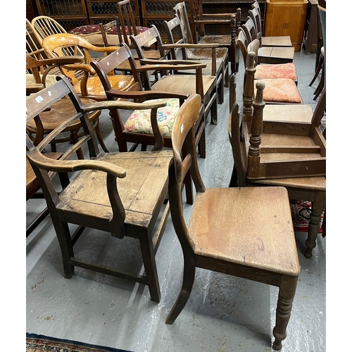 461 - Collection of mainly 19th century oak farmhouse bar back and carver chairs, camel back, bobbin and r... 