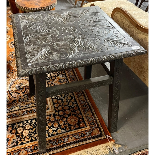 479 - Late Victorian heavily and ornately carved stained oak foliate occasional table of square form.  (B.... 