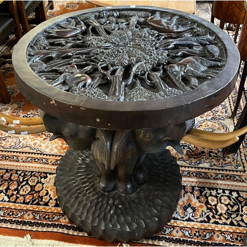 480 - 20th century carved hardwood probably Indian Elephant table, the carved and glass top above Elephant... 