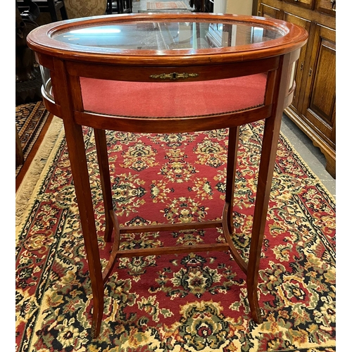 482 - Edwardian mahogany herringbone inlaid bijouterie cabinet of oval form.  59x46x75cm approx.  (B.P. 21... 