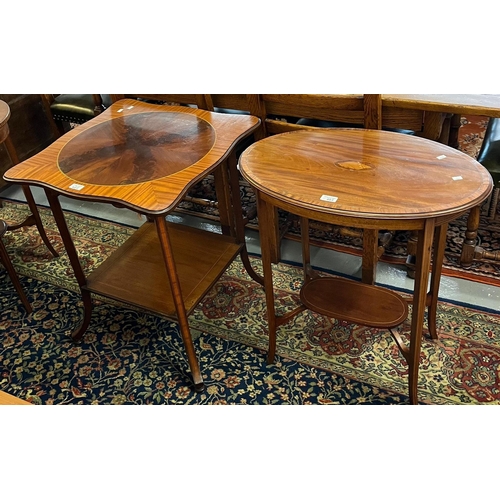 483 - Three Edwardian mahogany inlaid occasional tables, of oval, circular and square form, all with under... 