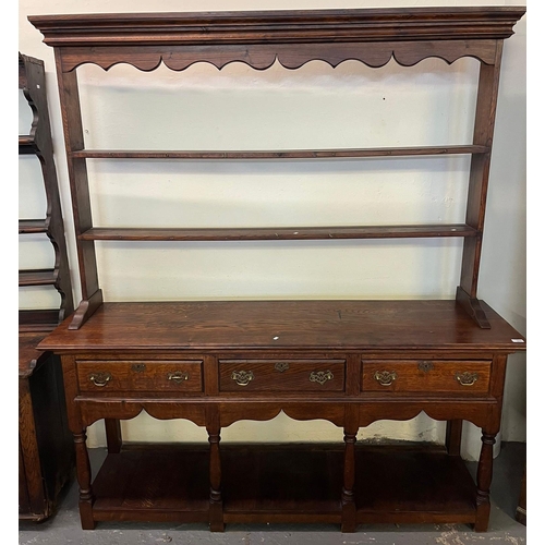 497 - 19th century oak two stage pot board dresser, the moulded cornice above open rack, projecting base w... 