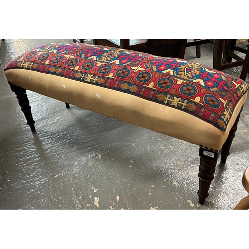 508 - Victorian rectangular stool with later multi-coloured geometric and floral upholstery on baluster tu... 