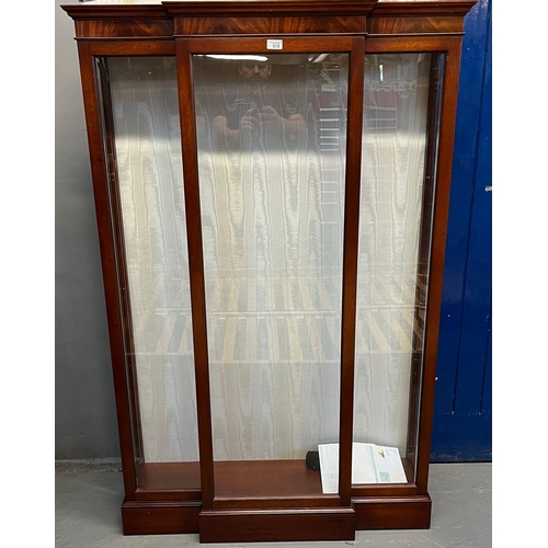 512 - Mahogany break front display cabinet with glass shelves. Label for Archer Smith.  106x32x160cm appro... 