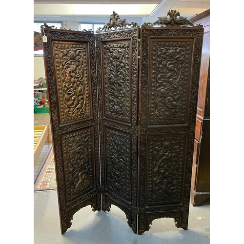 541 - 19th century Indian hardwood framed three fold screen with copper repoussé panels depicting birds am... 