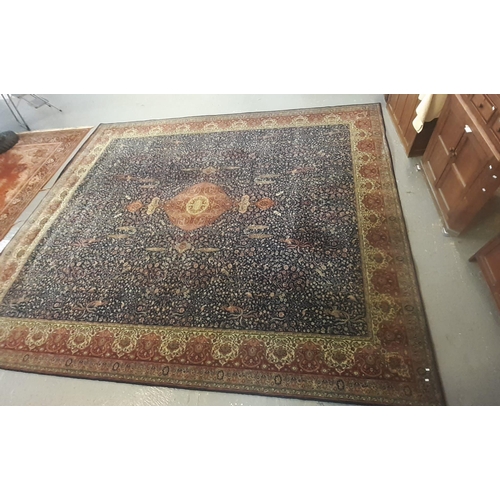 547 - Large Persian style Axminster type carpet with dark blue field, birds, animals and foliage.  456x368... 