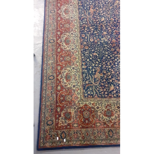 547 - Large Persian style Axminster type carpet with dark blue field, birds, animals and foliage.  456x368... 