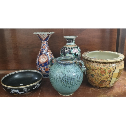 66 - Collection of ceramics to include: Japanese Imari vase, Chinese black ground enameled floral vase de... 