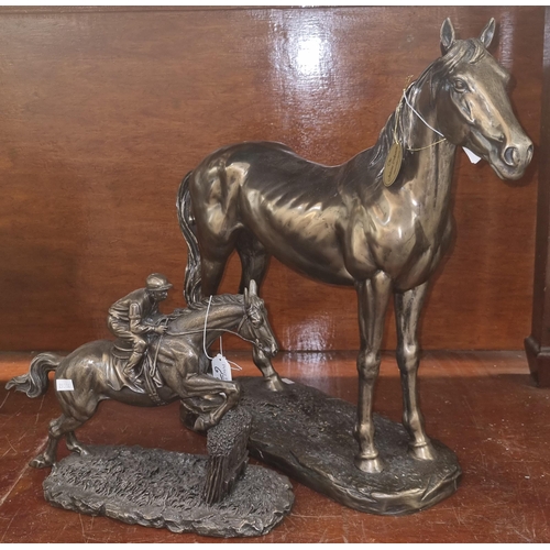 67 - The Juliana Collection bronzed sculpture of a horse on naturalistic base together with a bronzed rac... 