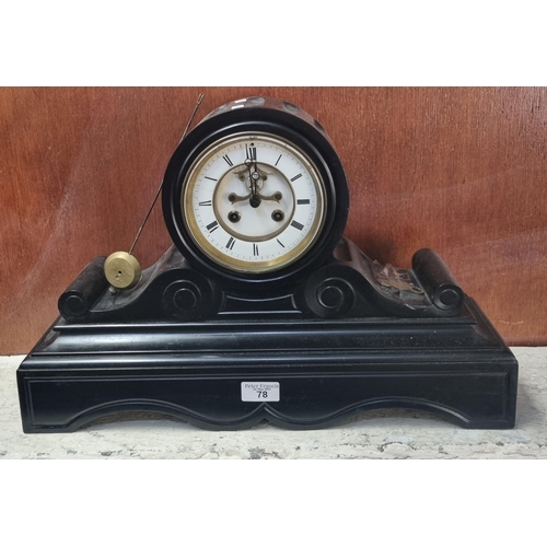 78 - 19th century black slate drum head shape two train mantel clock with Roman ceramic dial and exposed ... 