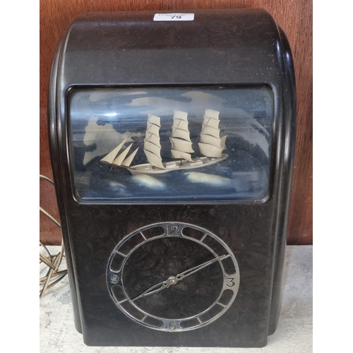 79 - Mid century brown Bakelite Vitascope Industries Ltd electric automaton clock with rocking three mast... 