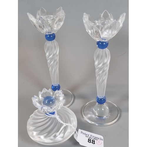 88 - Pair of Swarovski Crystal blue flower candle holders together with a matching blue flower dressing t... 