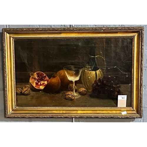 93 - British school (19th century), still life study of fruit with wine glass and bottle.  Oils on canvas... 