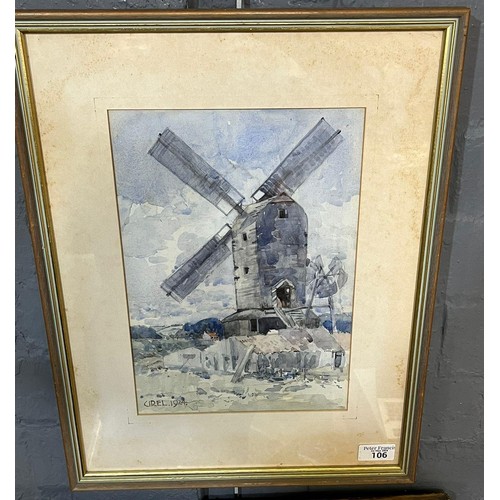 106 - Ferdinand Cirel (British, worked in Wales 1884-1968), study of a windmill, signed dated 1924.  Water... 