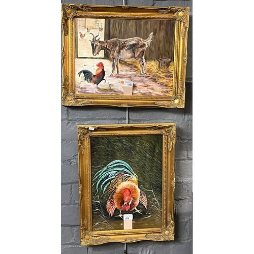 118 - Elizabeth Webber (British 20th century), goat and cockerel in a barn, signed.  Oils on canvas.  34x4... 