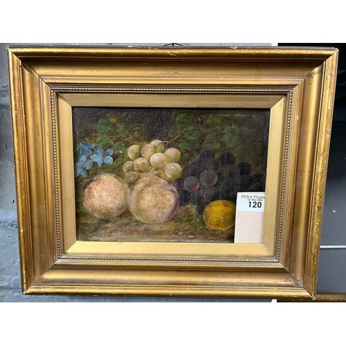 120 - E H Stannard (19th century British), still life study of fruit on a mossy bank, signed.  Oils on can... 