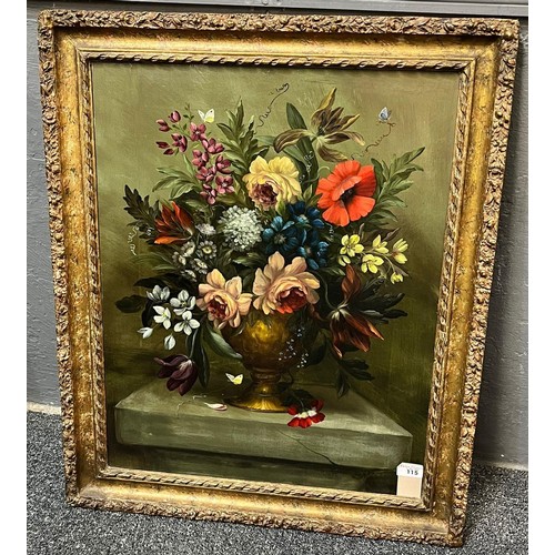 115 - Flemish school in 18th/19th century style, still life study of vase of flowers with butterflies.  Oi... 