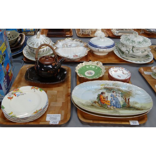 337 - Four trays of china to include: various lidded tureens; one marked Louis, one Ridgways 'Chiswick' de... 