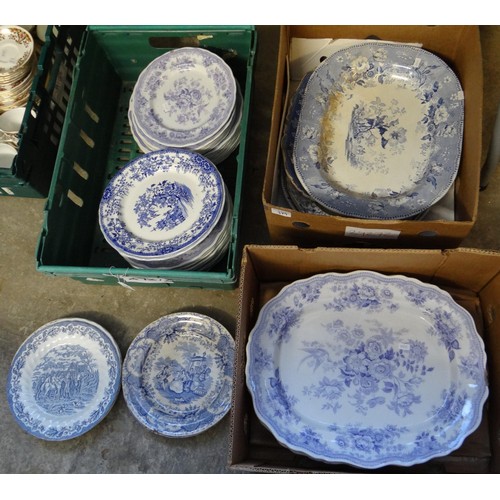 379 - Three boxes of 19th Century blue and white china  plates and meat plates in various designs; 'Coland... 