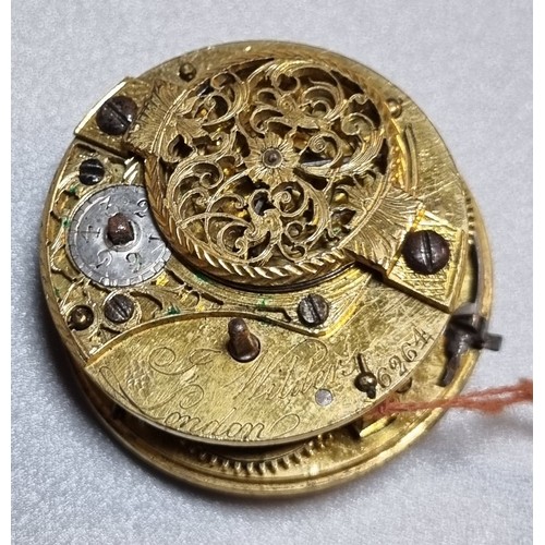 251 - 18th century Fusee pocket watch movement only marked J Wilders of London, having Roman painted face ... 