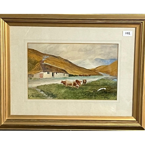 102 - J Morgan (Welsh early 20th century), study of a Welsh long house in a valley, with cattle. signed da... 