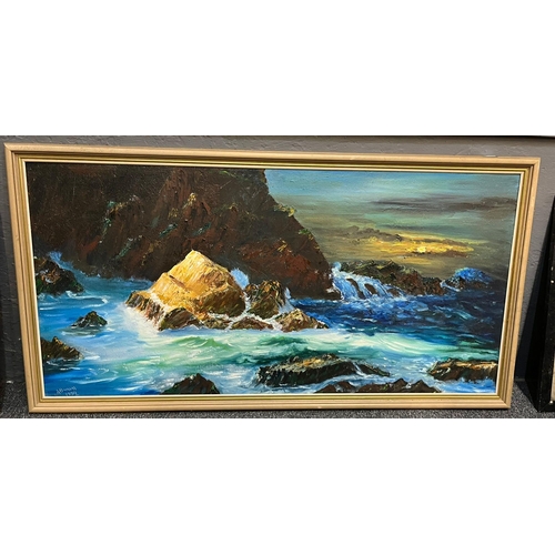 108 - A Brown (British mid 20th century), a rocky cliff scene, signed dated 1959.  Oils on board.  25x120c... 