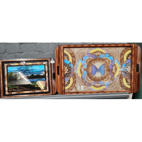 112 - Two early 20th century cross banded and inlaid butterfly wing trays, South American.  51cm and 71cm ... 