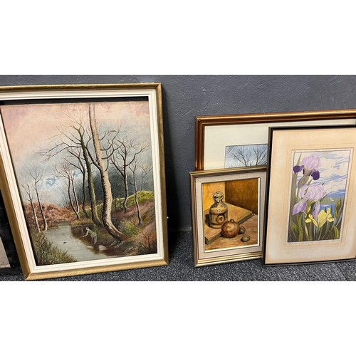 113 - Group of assorted furnishing pictures: watercolours, prints, oils etc., including a study by Donald ... 