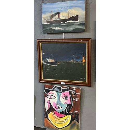 119 - Two modern marine studies and a portrait study after Picasso, oils on canvas.  (3)  (B.P. 21% + VAT)