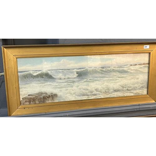 120 - After Ernest Stuart, coastal study.  Coloured print.  32x90cm approx.  Framed and glazed.