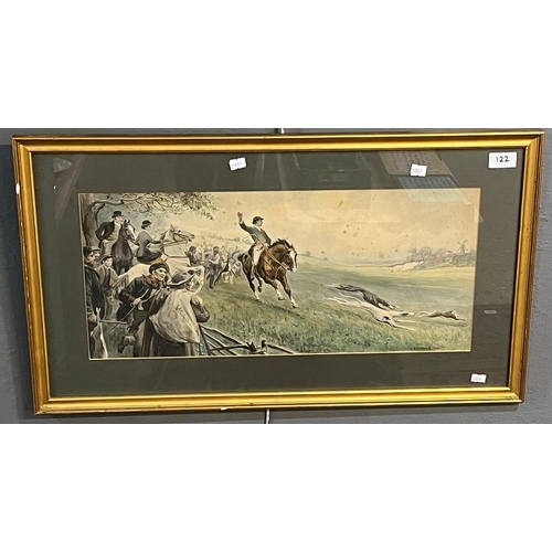 122 - After C P Jacomb, hare coursing scene, coloured print.  signed in the plate.  25x56cm approx.  Frame... 