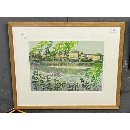 129 - Ann Hickmott, 'The Lone Sculler', (the River Thames), coloured linocut print, signed in pencil by th... 