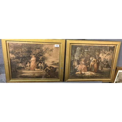 132 - After George Morland ,a pair of18th century figure scenes, a picnic and fishing.  34x42cm approx.  F... 