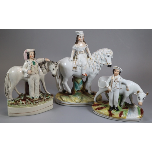 148 - Staffordshire Pottery figure group of a young girl, possibly the Princess Royal mounted on a pony, t... 